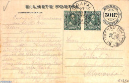 Brazil 1909 Illustrated Postcard 50r, Uprated To Germany, Used Postal Stationary - Storia Postale