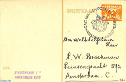 Netherlands, Fdc Stamp Day 1938 Postcard 2c With Stamp Day Cancellation, Used Postal Stationary, Stamp Day - Journée Du Timbre