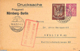 Germany, Empire 1923 Airmail Postcard 20+25m Nürnberg-Berlin, Used Postal Stationary - Lettres & Documents