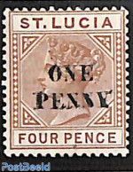 Saint Lucia 1891 ONE PENNY On 4d, Stamp Out Of Set, Unused (hinged) - St.Lucie (1979-...)