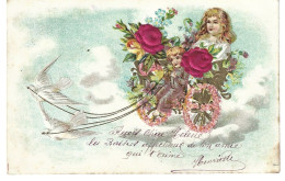 Carte A Systeme Gaufrée Filles Et Garcon  Colombes Fleurs Oblitéré En 1904 - Cartoline Con Meccanismi