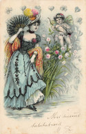 Illustration Illustrateur Jeune Femme En Robe Mode Avec Un Angelot Cupidon - 1900-1949