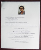 Faire Part Décès / Melle Lucie Seghin Née à Binche En 1927 , Décédée à Haine-St-Paul En 2014 - Obituary Notices