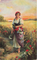 Illustration Illustrateur Gunter Schmidt Im Ahrenfeld Jeune Femme Glanant Fleurs - Other & Unclassified