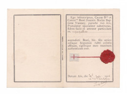 Relique Bienheureux Jean-Marie Vianney, Curé D'Ars, Ex Superpalliceo (de Son Manteau), Cachet De Cire, 1916 - Devotion Images