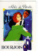 Carte Pub Moderne BOURJOIS Soir De Paris, Couple Elegant, Flacons Parfum Et Eau De Cologne - Pubblicitari
