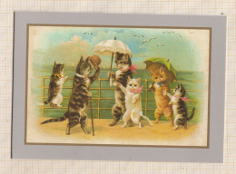 24E47 CHAT CHATS CAT Carte Double Illustrateur Chats Humanisés Famille Au Bord De La Mer Ombrelle Parapluie - Cats