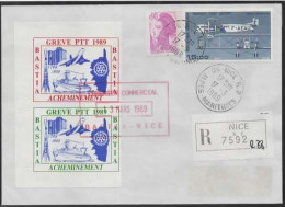 2 VIGNETTES COURRIER COMMERCIAL BASTIA 1989 RECOMMANDER POSTE AERIENNE VOL AFN 2806 LIBERTE PR STRASBOURG LETTRE COVER - Stamps