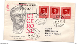 Italia FDC Venetia 1957 Cicerone Striscia Di Tre Viaggiata Racc. Per L'Italia - FDC