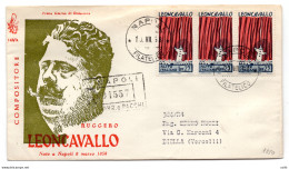 Italia FDC Venetia 1958 Leoncavallo Striscia Di Tre Viaggiata Racc. Per L'Italia - FDC