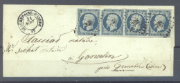 France  :  Yv  10  (o)  Bande De 4 Sur Lettre De Beaurepaire Pour Goncelin Du 3-8-53 , Mois Du Cachet à La Main ! - 1852 Louis-Napoleon