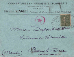 Lettre De Gérardmer Pour Bar-le-Duc - Septembre 1918 - Firmin SINGER - Couvertures Ardoises - Etoile Rouge Dans Cercle - Covers & Documents
