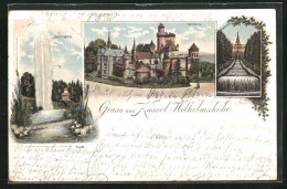 Lithographie Kassel-Wilhelmshöhe, Löwenburg, Grosse Fontaine, Cascaden  - Kassel