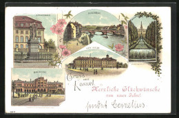 Lithographie Kassel, Bahnhof, Katholische Kirche, Fuldabrücke, Neujahrsgruss  - Kassel