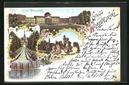 Lithographie Kassel, Schloss Wilhelmshöhe, Löwenburg, Cascaden  - Kassel