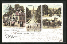 Lithographie Kassel, Gastwirtschaft An Den Cascaden, Wilhelmshöhe Von Der Allee, Löwenburg  - Kassel