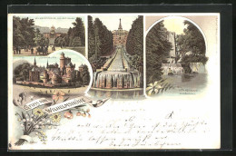 Lithographie Kassel-Wilhelmshöhe, Löwenburg, Die Cascaden, Der Aquaduct-Wasserfall  - Kassel