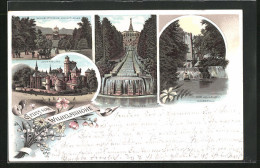 Vorläufer-Lithographie Kassel-Wilhelmshöhe, 1895, Löwenburg, Die Cascaden, Der Aquaduct-Wasserfall  - Kassel