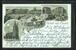 Mondschein-Lithographie Kassel, St. Martinskirche, Postgebäude Königsplatz, Au-Tor  - Kassel