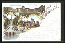 Lithographie Kassel-Wilhelmshöhe, Schloss, Löwenburg, Cascaden  - Kassel