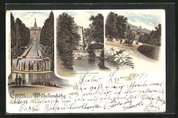 Lithographie Kassel, Wilhelmshöhe Von Der Allee, Der Aquaduct-Wasserfall, Die Cascaden  - Kassel