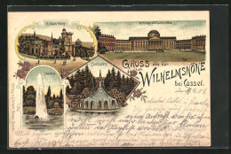 Lithographie Kassel-Wilhelmshöhe, Schloss Wilhelmshöhe, Löwenburg, Cascaden  - Kassel