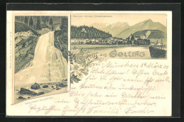Lithographie Golling, Teilansicht Mit Dem Tennengebirge, Gollinger Wasserfall  - Sonstige & Ohne Zuordnung