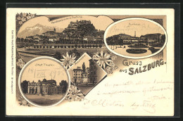 Lithographie Salzburg, Karolinenbrücke M. Festung, Curhaus, Stadt-Theater  - Other & Unclassified