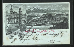 Mondschein-Lithographie Salzburg, Domkirche U. Mariensäule, Totalansicht Mit Bergpanorama  - Autres & Non Classés