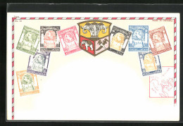 AK Siam, Briefmarken, Landkarte Und Wappen Des Landes  - Tailandia