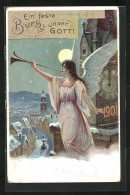 Lithographie Neujahrsengel über Winterlicher Stadt, Ganzsache, 1901  - Angels