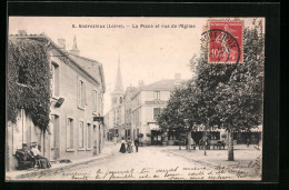 CPA Andrézieux, La Place Et Rue De L'Eglise  - Autres & Non Classés