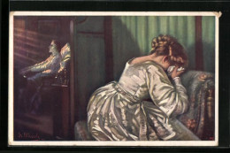 AK Weinende Frau, Im Hintergrund Frédéric Chopin  - Künstler