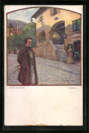AK Franz Schubertauf Der Strasse, Im Hintergrund Fräulein An Der Treppe  - Artistes