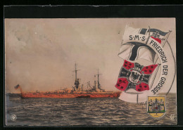 AK Kriegsschiff S. M. S. Friedrich Der Grosse Vor Der Küste, Rettungsring Und Fahnen  - Warships