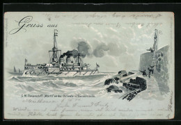 Mondschein-Lithographie Swinemünde, Kriegsschiff S. M. Wörth Vor Der Ostmole, Ostasiengeschwader  - Cina