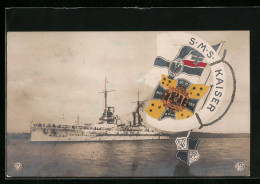 AK Kriegsschiff S. M. S. Kaiser Vor Der Küste, Rettungsring Und Fahnen  - Warships