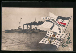 AK Kriegsschiff S. M. S. Prinz Adalberg Vor Der Küste, Rettungsring Mit Fahnen  - Guerre