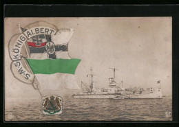 AK Kriegsschiff S. M. S. König Albert Auf See, Rettungsring Mit Fahnen Und Wappen  - Warships