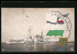 AK Kriegsschiff S. M. S. Thüringen Vor Der Küste, Rettungsring Mit Fahnen Und Wappen  - Krieg