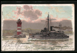 Lithographie Kiel, Kriegsschiff S. M. Hagen Läuft Ein  - Warships