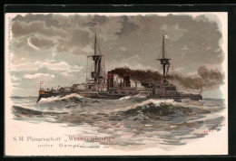 Lithographie China, Kriegsschiff S. M. Weissenburg Unter Dampf, Ostasiengeschwader  - China