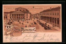 Lithographie München, Max Josephplatz Und Maximilianstrasse Mit Nationaltheater  - Theatre