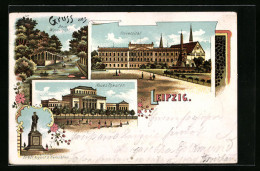 Lithographie Leipzig, Universität, Beim Wassergott, Neues Theater  - Theater