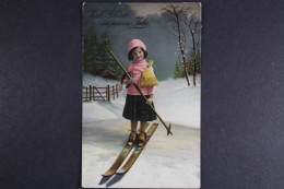 Glück Im Neuen Jahr, Mädchen Auf Skiern Mit Geldsack - New Year