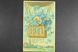 Glückliches Neujahr 1911, Ballon Mit Blumen, Prägekarte - Nouvel An
