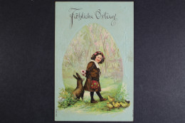 Fröhliche Ostern, Mädchen Mit Osterei, Hase, Küken, Prägekarte - Pâques