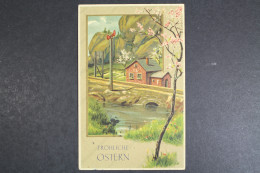 Fröhliche Ostern, Blühender Baum, Haus An Der Bahnlinie, Prägekarte - Easter