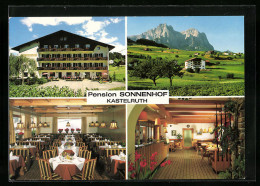 Cartolina Kastelruth, Pension Sonnenhof Mit Bergpanorama Und Innenansichten  - Sonstige & Ohne Zuordnung