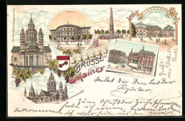 Lithographie Mainz, Dom, Neubrunnen, Neue Rheinische Und Mainzer Bierhallen, Wappen  - Mainz